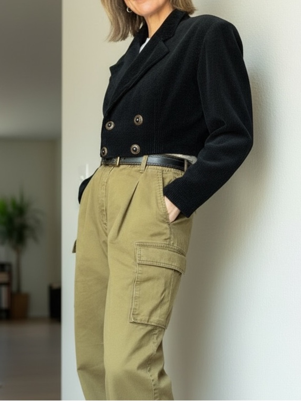 Vintage 80s 90s Cropped Corduroy Blazer Black Wide Rib Boxy Oversized Jacket S